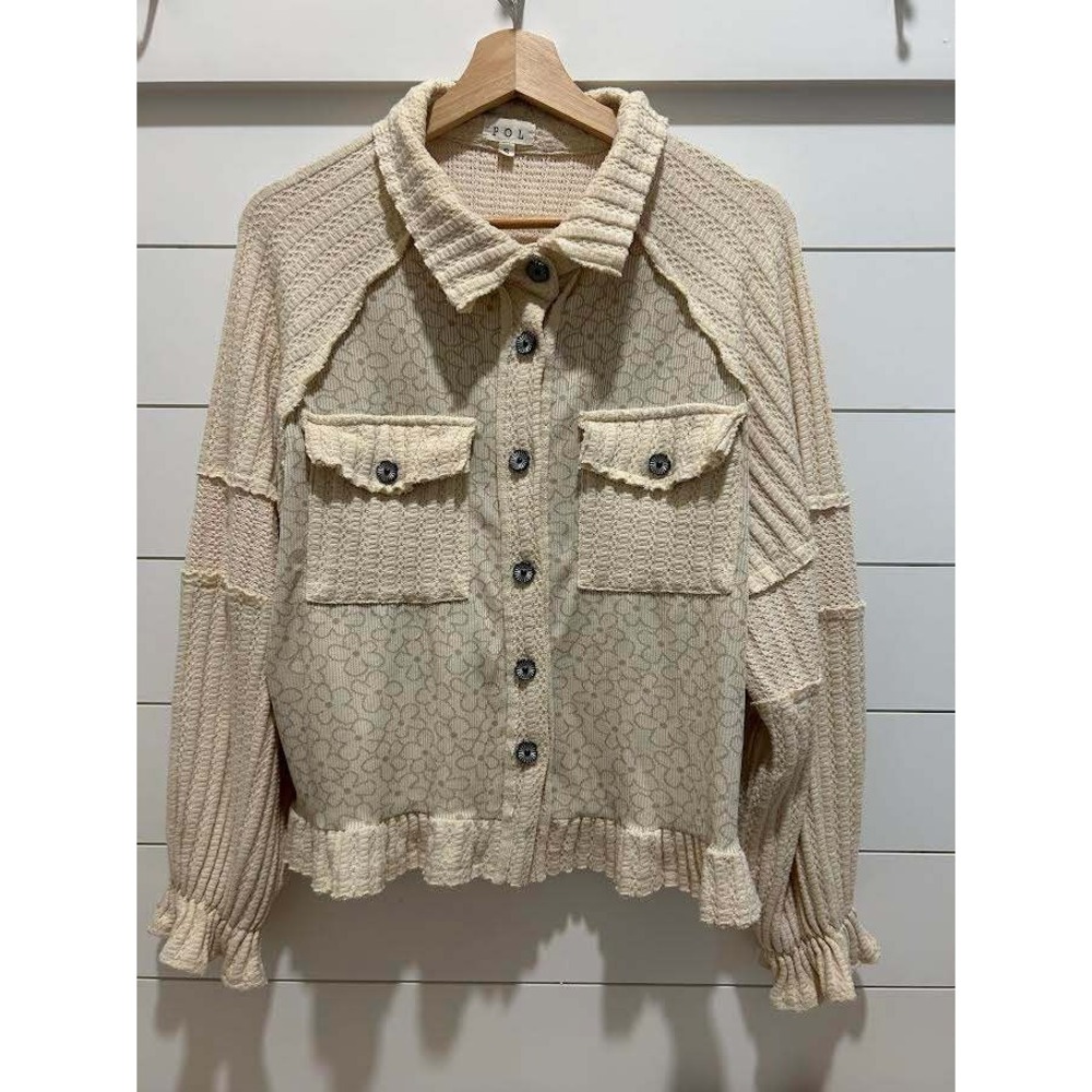 POL Mixed Media Waffle Knit Floral Shacket Cream Beige S Cottagecore Boho Fairy